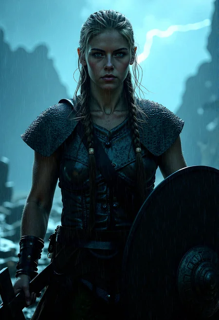 A portrait of a Viking shieldmaiden standing tall in a torrential downpour, her face determined and unflinching as rain streams down her battle-scarred armor. Her braided hair clings to her face and shoulders, and her eyes burn with a fierce inner fire. She grips her shield tightly, the water running off its surface, and her axe is poised at her side, ready for whatever comes next. The landscape around her is dark and stormy, with flashes of lightning illuminating the jagged rocks and rough terrain she stands upon. Despite the harsh elements, she remains a picture of strength and resilience.
