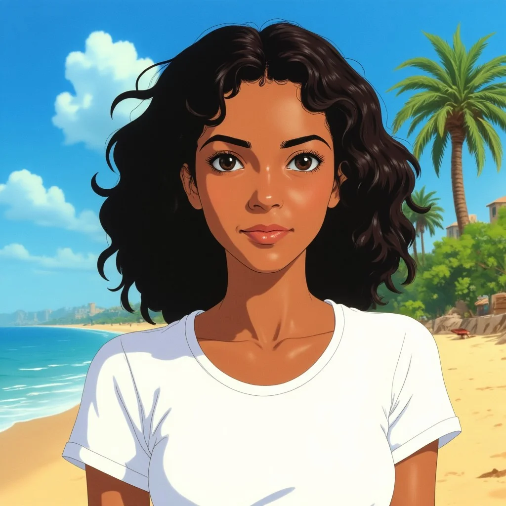 an anime style illustration of a 30yo egyptian woman with dark curly hair and light brown skin, wearing a white t-shirt, on the beach with palm trees. with attention of the face.
