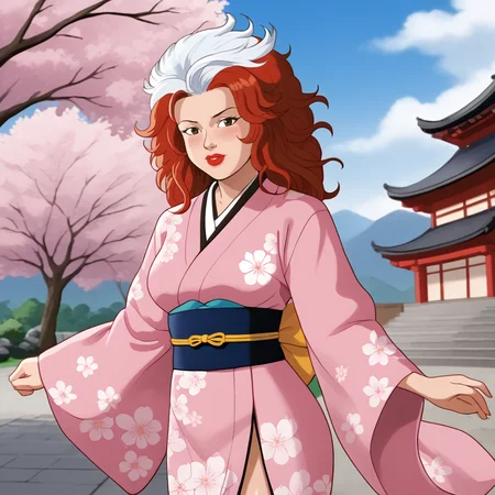 <lora:RogueTAS_pony_v1:1> RogueTAS, 1girl,  lipstick, white hair,  makeup, brown hair, breasts,  two-tone hair, multicolored hair, long hair, red hair, retro artstyle, cowboy shot,, japanese clothes, kimono, hair ornament, blush, hair flower, pink kimono, sash, obi, floral print, wide sleeves