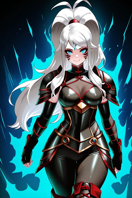 masterpiece, best quality, medium breasts, (curvy), ,,, BREAK, zzHilda, blue eyes, long hair, high ponytail, sidelocks, <lora:HildaPokemonIXL_e08:1.0>,BREAK, smile, looking at viewer, cowboy shot, <lora:FierceDeityFormIXL:1.0>, zzFierce, facial mark, armor, alternate hair color, alternate costume, alternate eye color, dark persona, , tattoo, facial tattoo, shoulder armor, gloves, white hair, fingerless gloves,boots, aura,