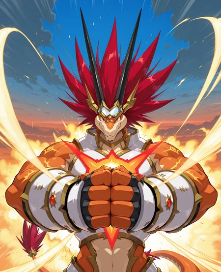 2d, male, Bal Dragon, solo, no human, dragon, dynamic tail pose, red eyes, medium red hair, long horns, armor, claws, teeth, wearing white goggles backward, cracking his knuckles by punching his own palm, flames surrounding his arms, angry glare, heat waves rising, glowing veins,
BREAK  upper body focus, closed mouth, front view, outdoors, closed-up, 
BREAK best quality, amazing quality, very aesthetic, absurdres, newest, masterpiece, detailed eyes,