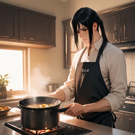 masterpiece, best quality, amazing quality, absurdres, newest, detailed background, definition so sharp, Ultra-HD, 8K cinematic, very awa, impressionate, amazing quality, highres, 
solo, male focus, manly, 
kurohyatogami, kuroh_black hair, kuroh_black eyes, 1boy, low tied hair, long hair, 
cooking, focused expression, apron, kitchen, steaming pot, warm lighting, cozy, caring, calm, cool, inviting, domestic