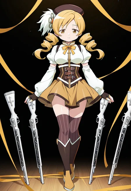 masterpiece, best quality, amazing quality, very aesthetic, absurdres, newest,shiny skin,, anime screenshot, xdive, anime coloring, black background, solo, full body, tomoe mami, yellow eyes, drill hair, twin drills, twintails, long hair, very long hair, blonde hair, hair ornament, breasts, large breasts, magical girl, brown hat, beret, corset, detached sleeves, puffy sleeves, gloves, ribbon, bow, bowtie, yellow ribbon, miniskirt, pleated skirt, yellow skirt, zettai ryouiki, vertical-striped clothes, vertical-striped thighhighs, brown thighhighs, Musket, standing