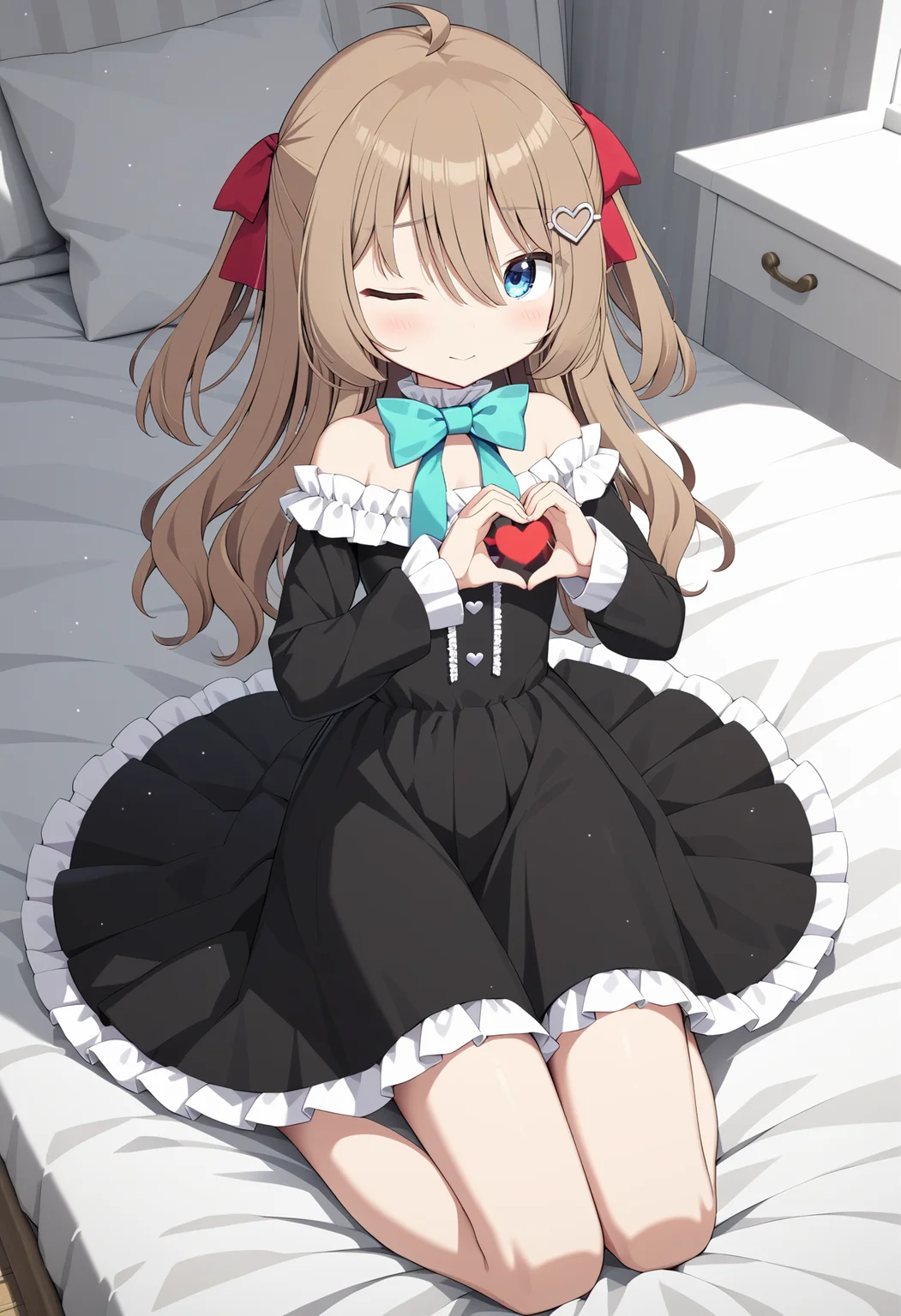 1girl, neuro-sama, (yuzu modoki:1.22), full body, seiza, heart hands, (red heart), ahoge, blue eyes, aqua bow, frilled dress, frilled choker, barefoot, on bed, black dress, off-shoulder dress, bare shoulders, red ribbon, hair ribbon, two side up, white buttons, heart hair ornament, long sleeves, sleeves past wrists, one eye closed, leaning to the side, light brown hair, natural lighting, (masterpiece, best quality), detailed scenery, (3d render:0.7), highly detailed, finely detailed <lora:neurosama_animaginexl_3-15:0.7>