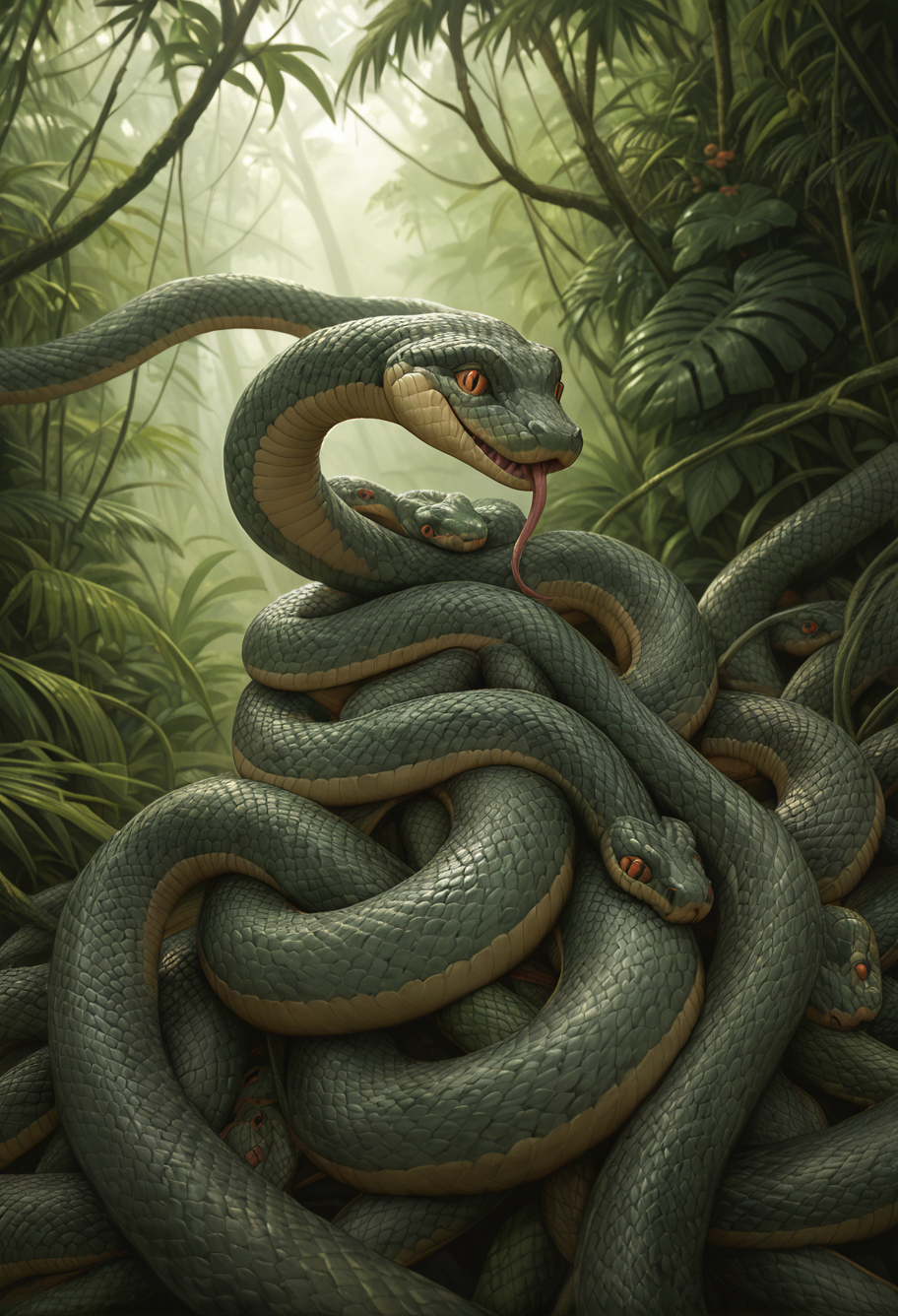 ruanyi1480,snake,jungle,shiny skin,,green snake,tree,<lora:1480 snake_v2_pony:1>, score_9,score_8_up,score_7_up,,8k,solo,,