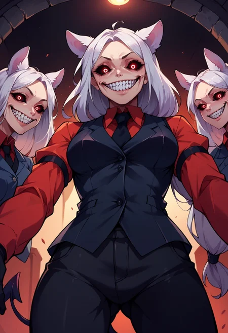 score_9, score_8_up,score_7_up,score_6_up, source_anime,3girls,htcerberus, low-tied long hair, animal ears, demon tail, red shirt, black necktie, long sleeves, arm garter, black gloves, black vest, waistcoat, black pants,
from below,
solgo, sharp teeth, evil grin, black sclera, glowing eyes,portrait,
<lora:Solgo-grin-v1-potat:0.85>
<lora:helltaker_cerberus_ponyXL:1>