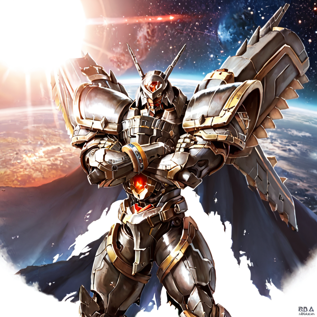 score_9, score_8_up, score_7_up, score_6_up, score_5_up, score_4_up, rating_safe,HDR,epic,dynamic lighting,cinematic shot,raw photo,professional photography,solo,alphamon,mecha,no humans,yellow eyes,crossed arms,space,stars,galaxy, <lora:AlphamonPony:0.95>