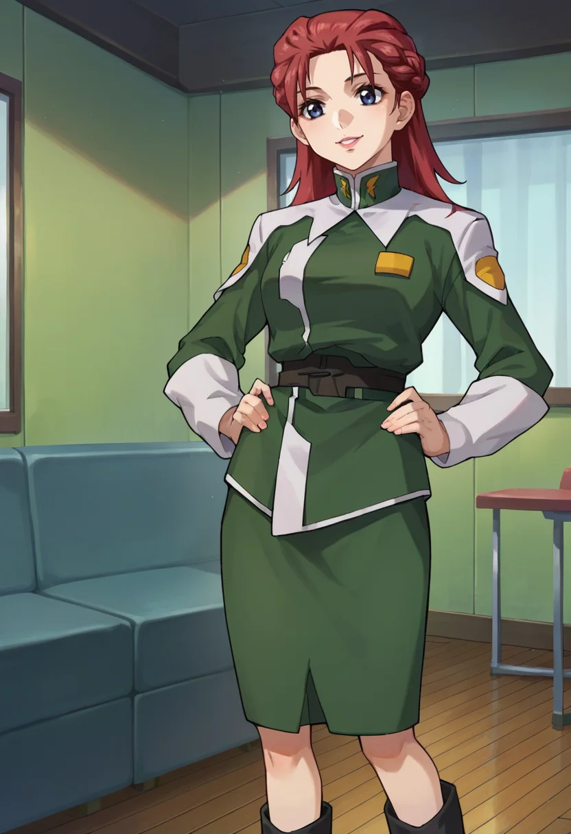 score_9,score_8_up,score_7_up,score_6_up,score_5_up,score_4_up,anime coloring,source_anime,<lora:Meyrin_Hawke_SEED_Destiny_Pony:0.8>,meyrin,1girl,solo,blue eyes,red hair,hair slicked back,side braid,lipstick,green jacket,belt,green skirt,black boots,standing,smile,happy,hands_on_hips,indoors,looking_down,