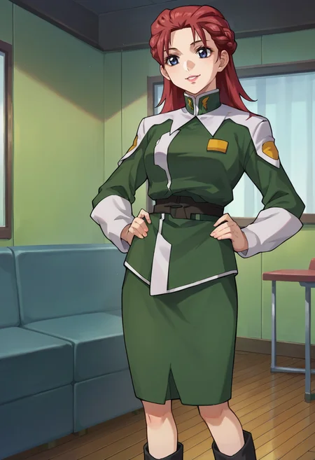 score_9,score_8_up,score_7_up,score_6_up,score_5_up,score_4_up,anime coloring,source_anime,<lora:Meyrin_Hawke_SEED_Destiny_Pony:0.8>,meyrin,1girl,solo,blue eyes,red hair,hair slicked back,side braid,lipstick,green jacket,belt,green skirt,black boots,standing,smile,happy,hands_on_hips,indoors,looking_down,