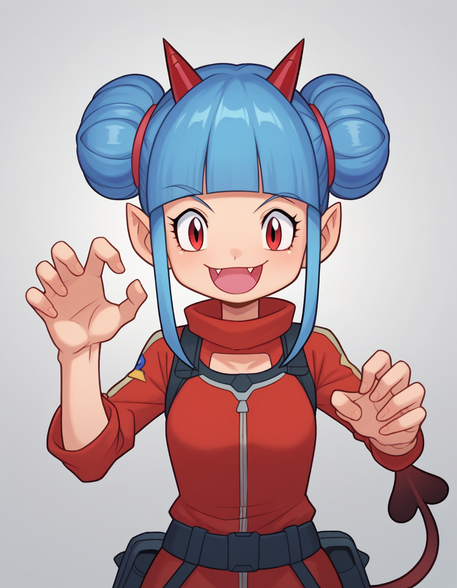 zPDXL, score_9, score_8_up, score_7_up, source_anime,
<lora:Digimon_v2-15:1> digimon, <lora:Nullantwins:0.8> Zhuu, blue hair, red eyes, pointy ears, red horns, demon tail, small breasts, fangs out, double bun, blunt bangs,, distracted, aloof, oblivious, claw_pose, futuristic soldier wearing Electrostatic discharge chest plate with EMP field, carbon fiber tactical suit with EMP shielding, tactical visor with electromagnetic vision, EMP generator wristband, Tactical energy sword with variable blade length and plasma edge,