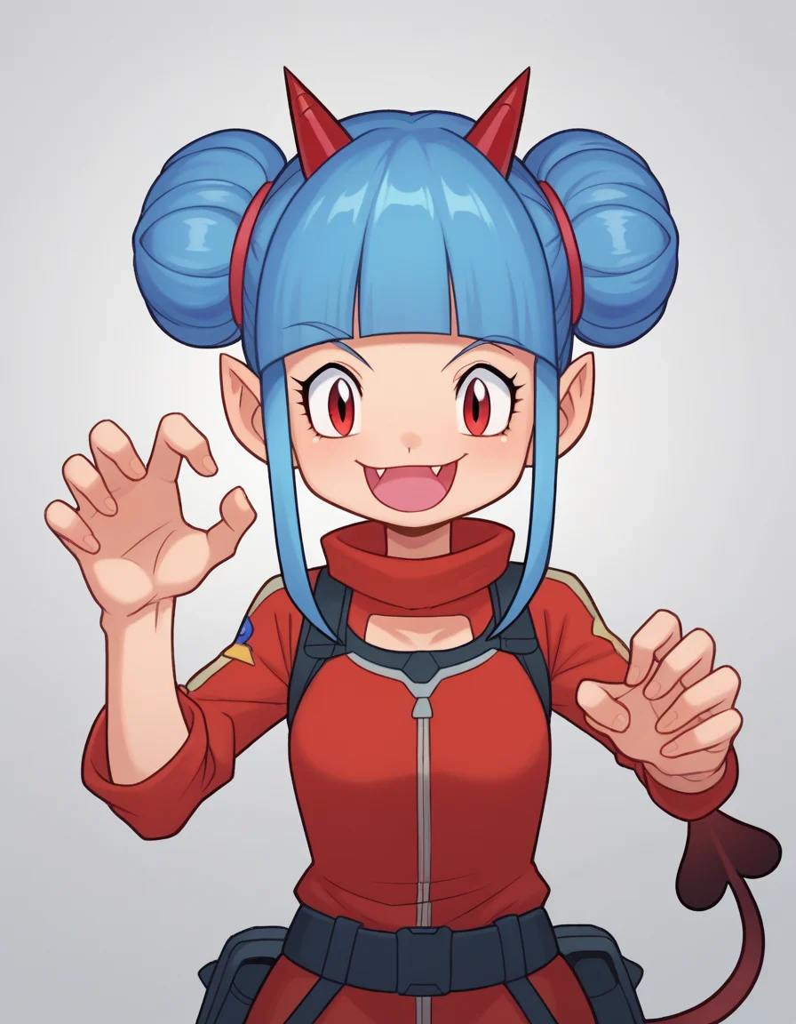 zPDXL, score_9, score_8_up, score_7_up, source_anime,
<lora:Digimon_v2-15:1> digimon, <lora:Nullantwins:0.8> Zhuu, blue hair, red eyes, pointy ears, red horns, demon tail, small breasts, fangs out, double bun, blunt bangs,, distracted, aloof, oblivious, claw_pose, futuristic soldier wearing Electrostatic discharge chest plate with EMP field, carbon fiber tactical suit with EMP shielding, tactical visor with electromagnetic vision, EMP generator wristband, Tactical energy sword with variable blade length and plasma edge,