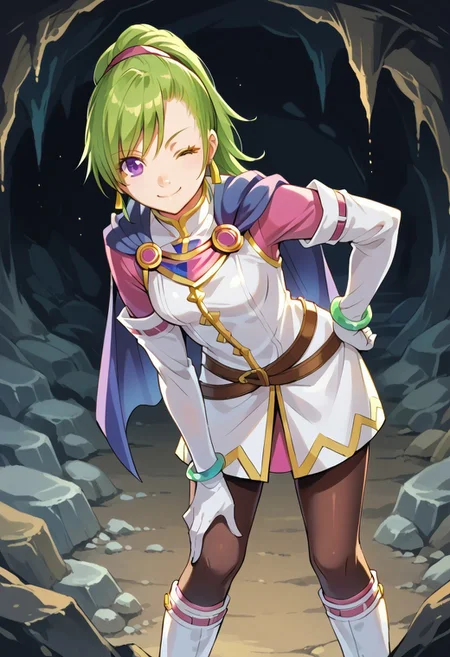 safe_pos, score_8, score_8_up, score_7_up, 1girl, solo, female focus, solo, Karis_GS, green hair, ponytail, bangs, asymmetrical hair, sidelocks, purple eyes, triangle earrings,capelet, blue capelet, small breasts, mandarin collar, coat, white coat, ribbon trim, gold trim, undershirt, pink shirt, pink sleeves, crossed belts, miniskirt, pink skirt, white gloves, elbow gloves, bracelet, black pantyhose, white boots, knee boots, standing, looking at viewer, leaning forward, bent over, smile, winking, V over eye, hand on own hip, indoors, underground, cave