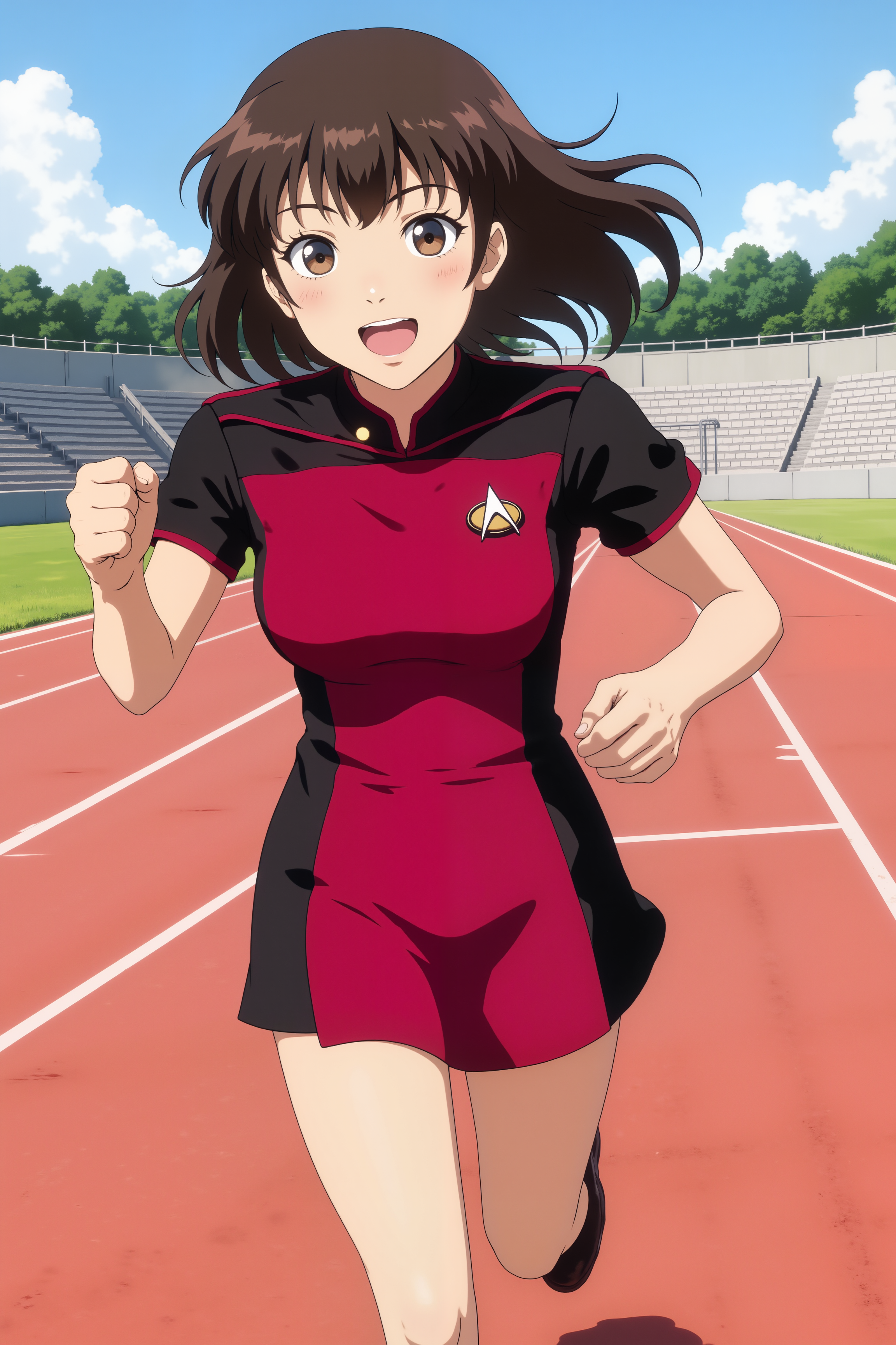 an anime illustration of a woman wearing red STSKNT uniform dress with black shoulders and red line on sohulders and with short black sleeves running on track, smiling.<lora:ST_SKANTV2_FLUX><lora:RetroAnimeFluxV1:0.5><lora:NeonFantasyFLUX:0.3>