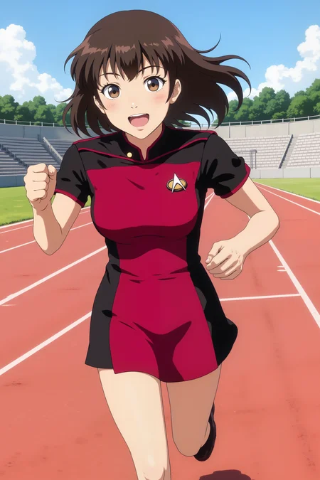 an anime illustration of a woman wearing red STSKNT uniform dress with black shoulders and red line on sohulders and with short black sleeves running on track, smiling.<lora:ST_SKANTV2_FLUX><lora:RetroAnimeFluxV1:0.5><lora:NeonFantasyFLUX:0.3>