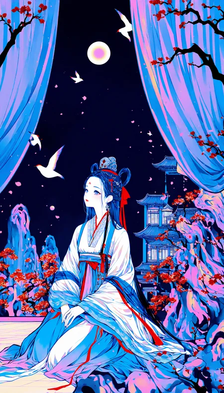 masterpiece, best quality, good quality, very aesthetic, absurdres, newest,  1girl, (hair ribbon, headband, side braid),hanfu, Chinese Traditional cloth,ultra-detailed, (high detailed skin),glossy skin, female focus, model, ,chinese ink painting style, ,Wearing clothes with Chinese elements,(chinese style:1.2),extreme detailed,gufeng, gradient, fractal art, colorful, highest detailed hair,earrings,jewelry,curtain,long sleeves,ribbon, tassel,scenery,chinese architecture, trees, birds, sun,outdoors,depth of field,