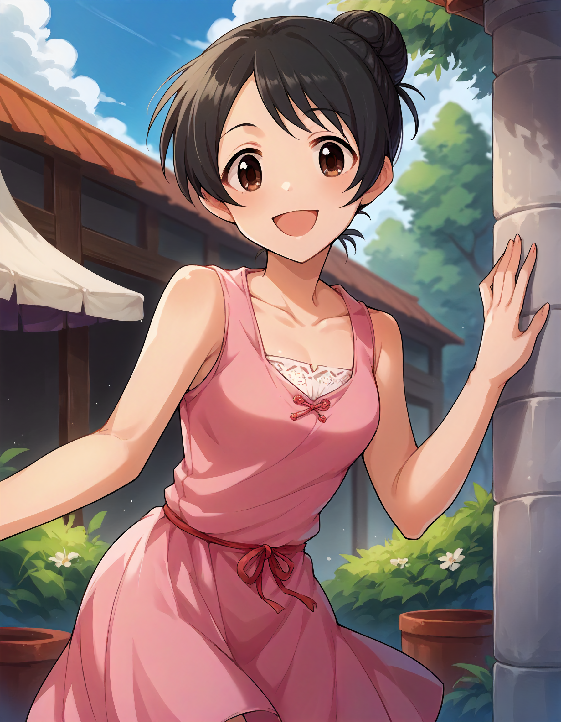 score_9,score_8_up,score_7_up,1girl,solo,cowboy shot,looking at viewer,smile,open mouth,outdoors,
<lora:yaguchimiu_ponyXLV6:0.8>,cgymi,
black hair,single hair bun,brown eyes,
collarbone,pink dress,sleeveless