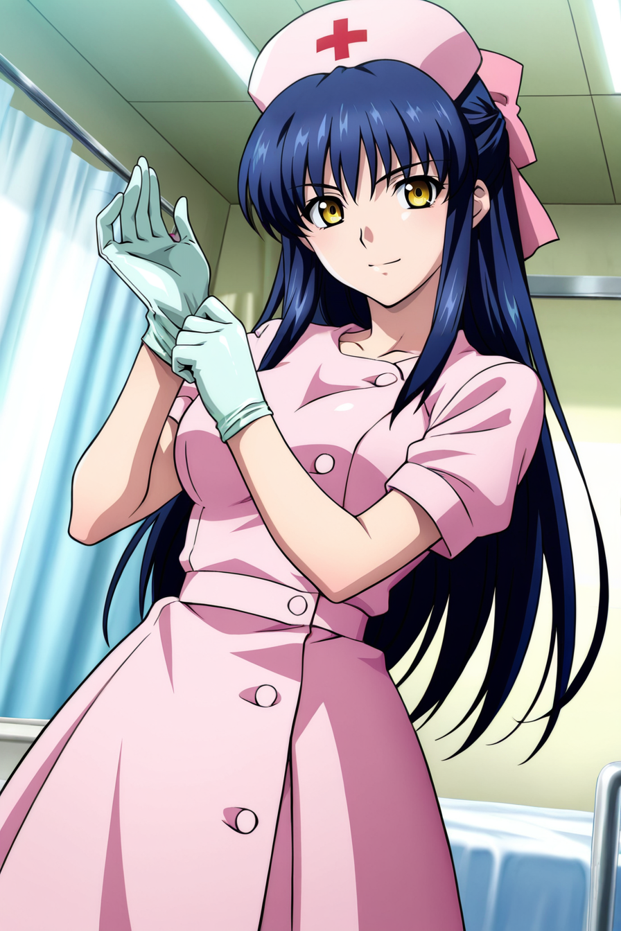 (masterpiece, best quality, game cg,highly_detailed,extremely_detailed_CG_unity_8k_wallpaper,illustration,highres,absurdres:1.2),1woman,solo,<lora:Anna_Kurashiki:1>blue hair,long hair,hair bangs,half updo,yellow eyes,pink bow,hair bow,nurse,nurse cap,pink nurse uniform,pinkskirt,buttons,latex medical gloves,adjusting gloves,hospital room,bed,curtain,daylight,indoor,serious face,looking at viewer,smiling,dynamic pose,dutch angle