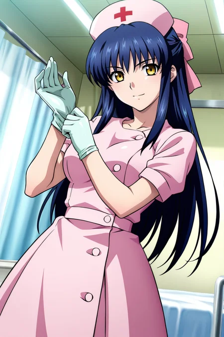 (masterpiece, best quality, game cg,highly_detailed,extremely_detailed_CG_unity_8k_wallpaper,illustration,highres,absurdres:1.2),1woman,solo,<lora:Anna_Kurashiki:1>blue hair,long hair,hair bangs,half updo,yellow eyes,pink bow,hair bow,nurse,nurse cap,pink nurse uniform,pinkskirt,buttons,latex medical gloves,adjusting gloves,hospital room,bed,curtain,daylight,indoor,serious face,looking at viewer,smiling,dynamic pose,dutch angle