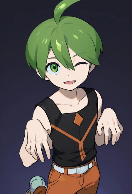 1 boy, aaron, green eyes, green hair, ahoge, black sleeveless shirt, orange pants, white with orange shoes, belt<lora:EMS-380018-EMS:1.000000><lora:ghost-pose-ponyxl-lora-nochekaiser:1>, ghost pose, ghost,open mouth, looking up,cowboy shot,from above, looking at viewer, wink