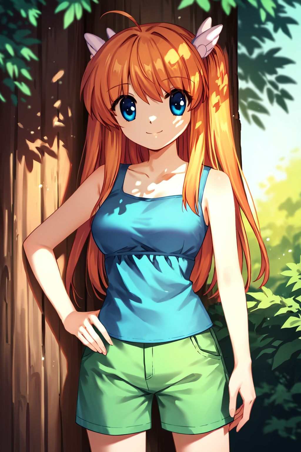 score_9, score_8_up, score_7_up, score_6_up, rating_safe, source_anime, 2.5d, best quality, masterpiece, detailed background, detailed eyes, standing under a tree, sunny, shade, hand on hip, smiling, blue tanktop, green shorts, <lora:ohtori-chihaya-xl-04:1.2>, ohtori chihaya, two side up, ahoge, blue eyes, medium breasts,