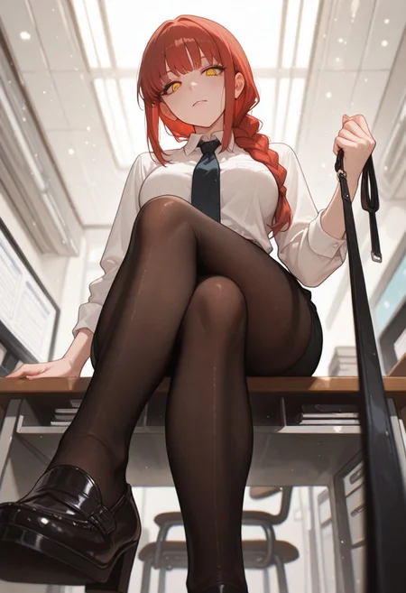 artist:Konya Karasue, masterpiece,amazing quality, 1girl, makima, red hair, braided ponytail, yellow ringed eyes, collared shirt, necktie, viewer on leash, leash towards viewer, blurry forground, full body, indoors, office, desk, sitting on desk, crossed legs, from below, looking down,
artist:moriimee, perspective,