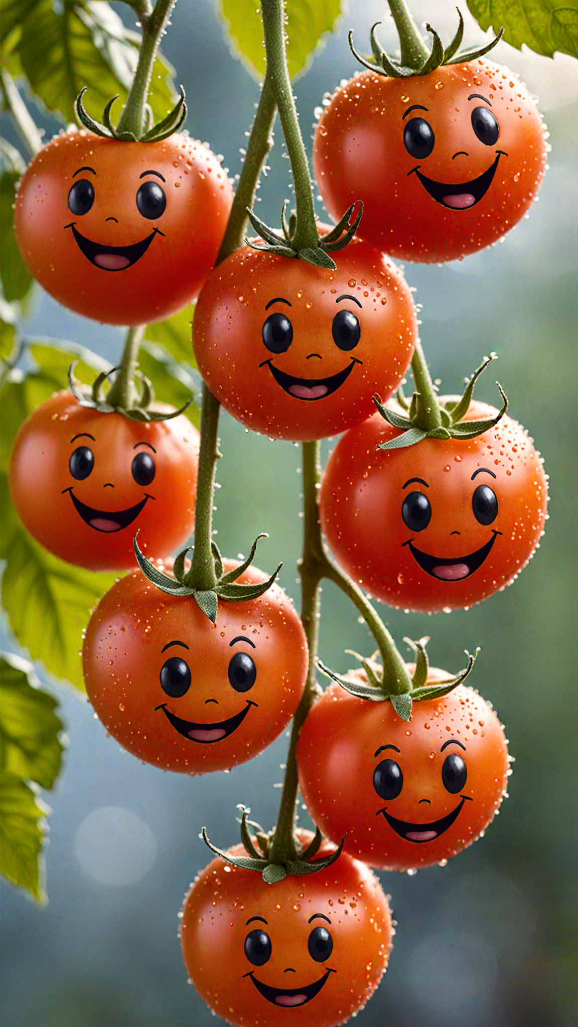 a delicate cluster of (cherry-tomatoes with cute faces) (hanging from stem) (with smiling faces), (laughing faces), (opalescent textures), (nightshade-leaves) growing in the early morning light, in the background beautiful valleys, , volumetric light, ethereal, sparkling, studio photo, highly detailed, sharp focus