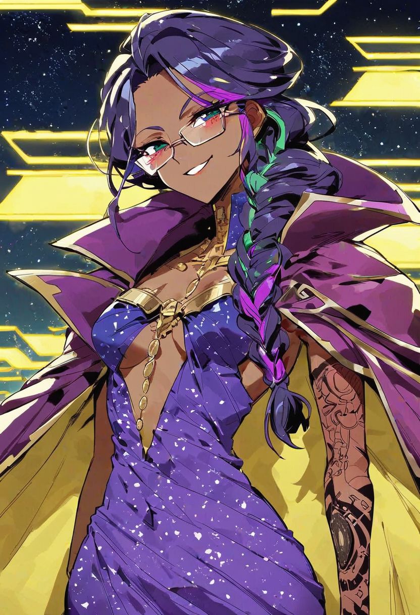 score_9_up, score_8_up, score_7_up, very detailed, 
1girl, dark skin, multicolour hair, coloured stripes in hair, dark purple hair and dark green hair, braided hair, sci fi glasses, transparent glasses, thick framed glasses, tattooed face, small breasts, cybernetic augmentations, cyborg body parts, elegant clothes,  purple  ballgown,  flowing dress, flowing red cape, colourful clothes, neon lights on clothes,  royalty, night time, starry skies, 
sly smile, arrogant expression, cyberpunk city in background, starry sky in background, from stomach up, anime style, stylized,detailed face, best detail, (best quality:1.5), masterpiece, (high resolution:1.5) 
ng_deepnegative_v1_75t, OverallDetail, , Expressiveh