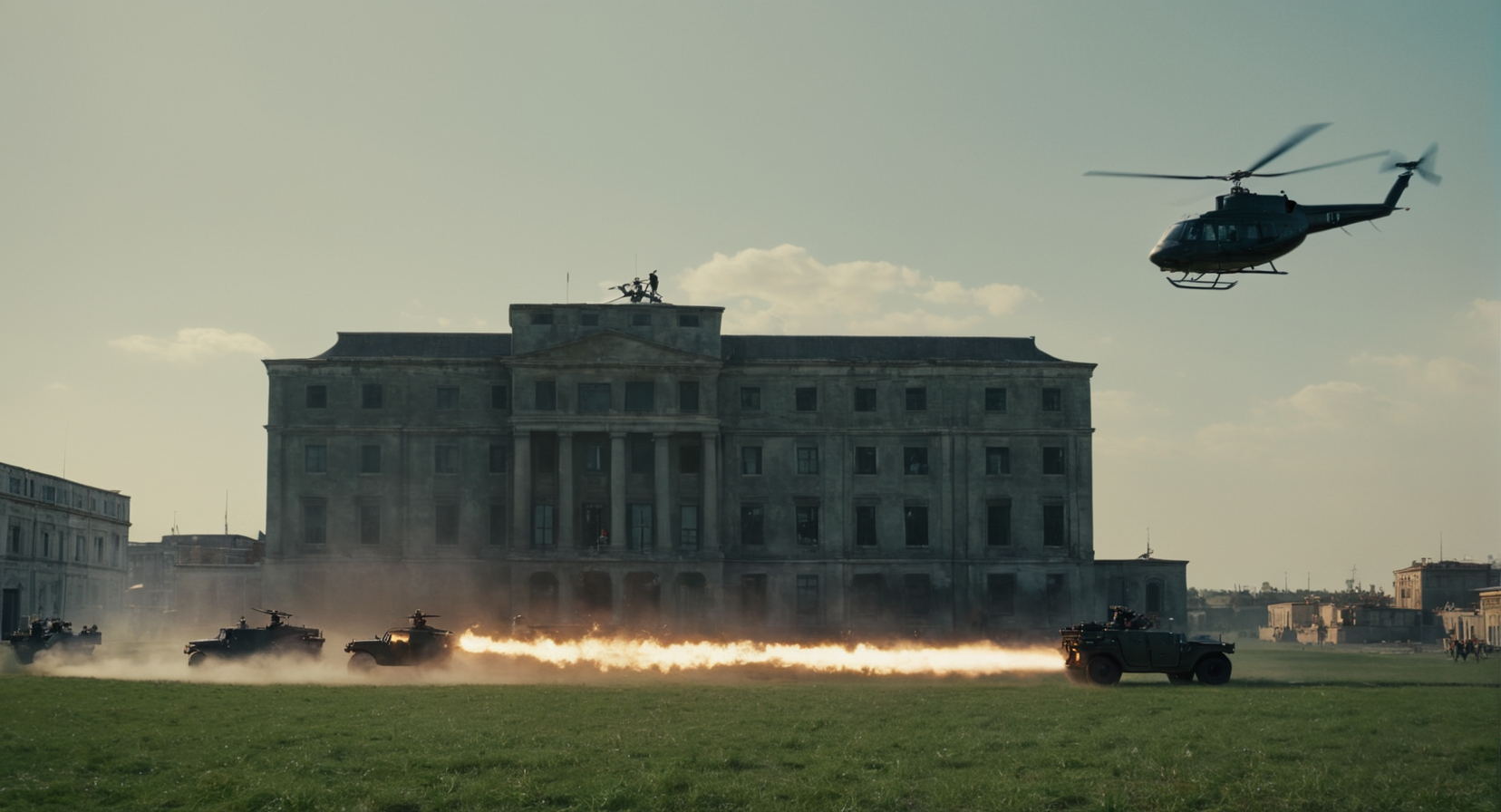 cinematic film still of  <lora:James Bond 007 style:0.9> detailed sharp image of
a helicopter flying over a field with a building in the background,weapon,outdoors,multiple boys,sky,cloud,signature,military,fire,ground vehicle,scenery,motor vehicle,smoke,aircraft,military vehicle,war , dramatic light, dramatic shadow light, contrast, cinematic color, cinematic look, filmic, realistic, realism, perfection, perfect, Kodak, Kodak film, movie still, spy film, action themed, espionage, James Bond style, James Bond film style, 007 style, 007 film style, shallow depth of field, vignette, highly detailed, high budget, bokeh, cinemascope, moody, epic, gorgeous, film grain, grainy