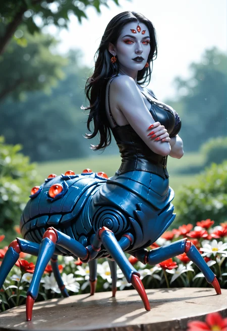 1girl, monster girl, arthropod girl, spider girl,arachne, taur, milf,
colored skin, blue skin, blue_skin:1,blue_body
red eyes, extra eyes, (red_sclera), colored sclera,
long hair, black hair, hair behind ear,
breast,
red claws, long fingernails,fingernails,
pointy ears,
fantasy clothing, black leather cloth,
makeup,black lips, lipstick,
<lora:broodmother_v1:0.8> broodmother_v1,
solo,, score_9, score_8_up, score_7_up, score_6_up, derpibooru_p_95,
detailed eyes, beautiful, detailed background, perfect eyes,
blur censor, blurry, blurry background, blurry foreground, bokeh, motion blur,
chromatic aberration, depth of field, figure, focused, focus
photography, realistic sun light and shadows, photorealism, UHD --ar 9:16 --style raw --stylize 700,
solo,
surrounded by skura flowers, japanese sakura garden, (blossoming flowers, celestial color theme:1.2),leaning back, standing on one leg, figure four pose, looking at viewer, (from below, from side, ass)