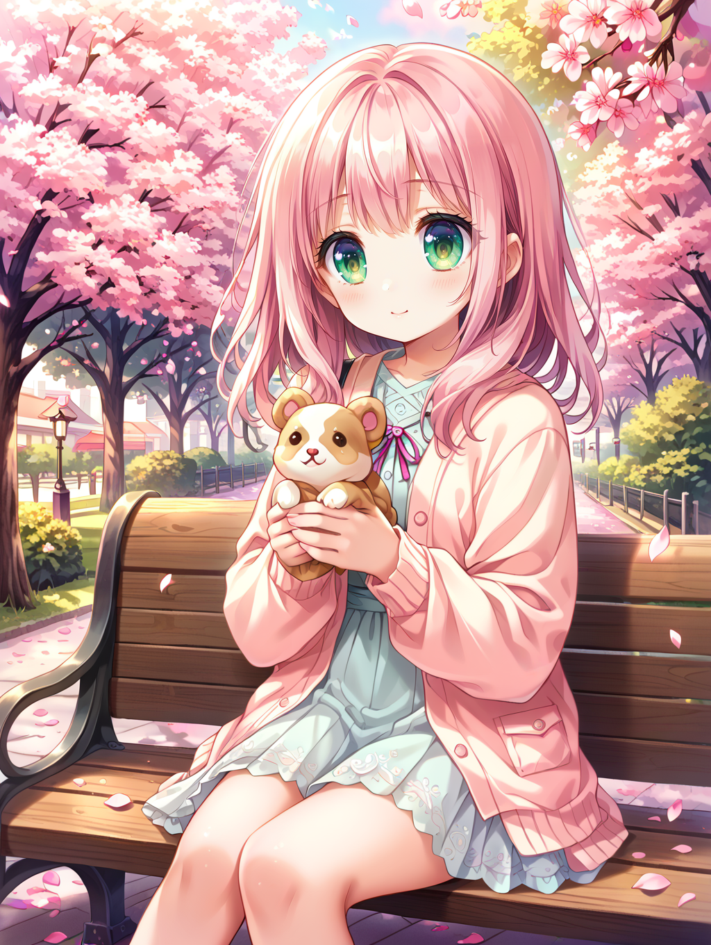 score_9, score_8_up, score_7_up,source_anime,
1girl, cute, soft colors, gentle background, (pastel colors), sitting on a park bench, (holding a small puppy), (cherry blossom trees), (petals falling), (city park), (calm expression), (simple outfit), (light pink and green tones),
 <lora:style009:0.6>