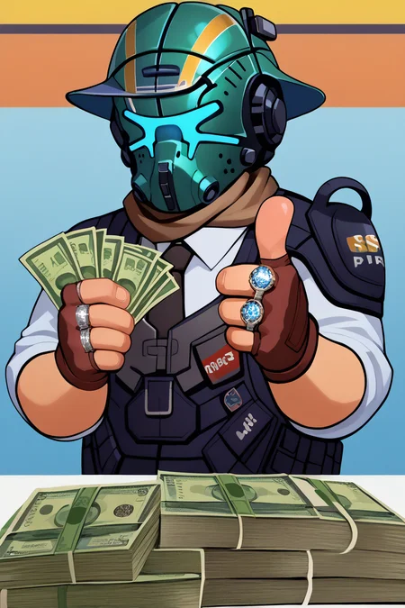 score_9, score_8_up, score_7_up, BREAK,  <lora:gangstersb-guy-PONYv1:1>, gangstersb, thumbs up, money, holding money, portrait, cropped torso, ring, formal, hat, necktie, suit, headwear, striped,  <lora:jackcooper-tif-richy-v1_pdxl:0.95> jackcooper, helmet, scarf, bulletproof vest, tactical clothes, armor, fingerless gloves,, 1boy, solo,