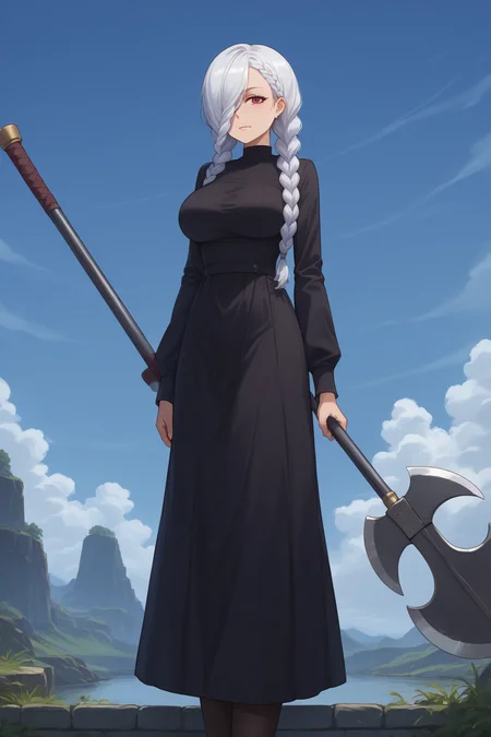 score_9, score_8_up, score_7_up, score_6_up, score_5_up, score_4_up, masterpiece, high quality, BREAK, full body, 1girl, large breasts, BREAK, <lora:meimei_JJK:1> Meimei_JJK, black outfit, gigantic battle axe, white hair, braids, hair in front of face, braided pony tail, stockings, black dress,