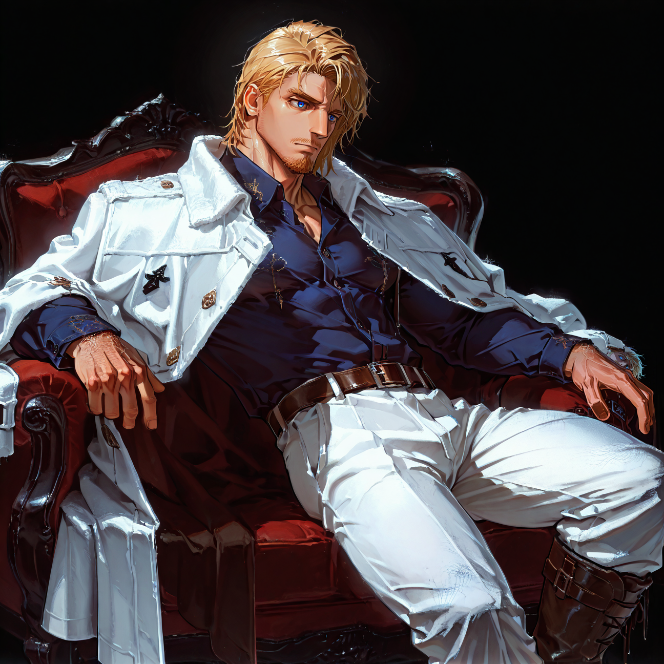 <lora:Gino__Alchemist_Code-000005:.75>tagatamegino, gino_blonde, gino_blue eyes, 1boy, short hair, solo, male focus, manly, mature male, bara, muscular male, coat, collared shirt, long sleeves, belt, pants, boots,
short hair, male focus, muscular male, muscular male, bara, mature, (hairy body, hairy, body hair, glossy skin, bara, mature, facial hair, beard, full beard, sideburn, mustache, stubble), facial hair, bara, mature, body hair, aixiwuganda_(20222192), very awa, masterpiece, best quality, absurdres, newest, perfect quality, detailed background, intricate details,, <lora:slider_Body Type_alpha1.0_rank4_noxattn_last:3><lora:Anime Summer Days 2 Style SDXL_LoRA_Pony Diffusion V6 XL:.6><lora:merged:.7>, DARK, DARK BACKGROUND, LOW-KEY LIGHTING <lora:slider_cfg_scale_boost:.7><lora:Artist6p:.55>, Artist6p, Artist04p,<lora:slider_il_contrast_slider_d1:-.25>,<lora:slider_contract_controller_illus01_v1:.3>, <lora:addon_illustriousXLv01_stabilizer_v1.121:.5>,<lora:Heavenly_Beauty_r1:1>, (heavenlybeauty,)<lora:slider_style_strength_controller_illus01_v1:.25>