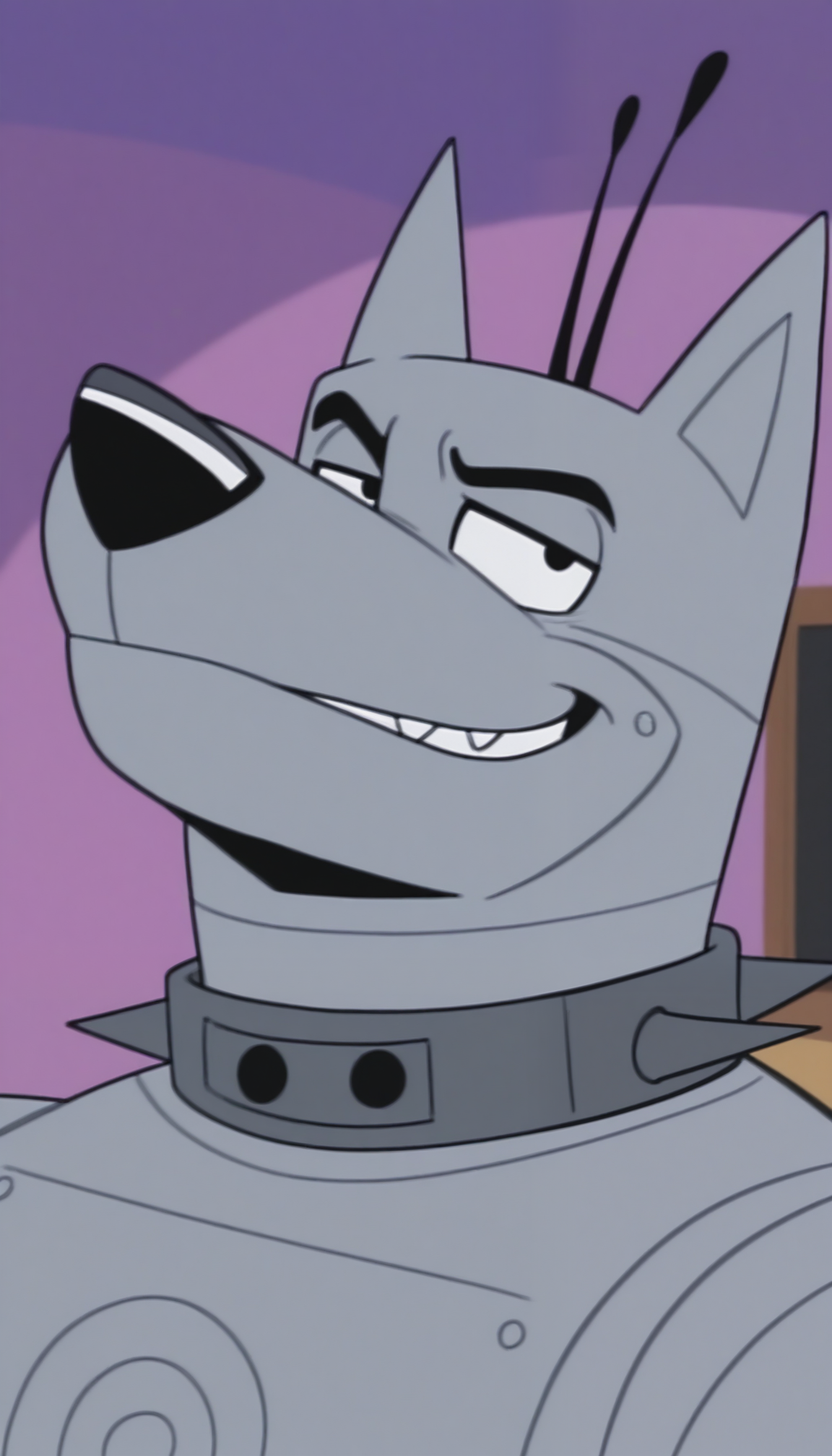 masterpiece,best quality,amazing quality, 1boy, solo, sentroS3, robot anthro dog, bara, silver skin, spiked collar, antenna, close up side angle, smirk,