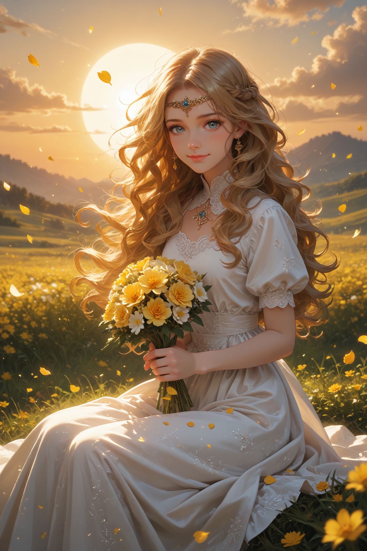 looking at viewer,detailed background,Cinematic Lighting,film grain,score_9,score_8_up,score_7_up,masterpiece,best quality,highly detailed,
<lora:(增强)sdxl_lightning_8step_lora:1>,<lora:glowneon_xl_v1:1>,glowing,<lora:Expressive_H:0.8>,Expressiveh,<lora:th3rm4lXLP:0.2>,th3rm4l,colorful,
1girl,solo,long hair,dress,flower,holding,yellow flower,blonde hair,smile,field,white dress,sitting,looking at viewer,holding flower,outdoors,short sleeves,sun,circlet,closed mouth,petals,sky,feet out of frame,wavy hair,floating hair,yellow theme,bouquet,lips,sunset,blush,braid,