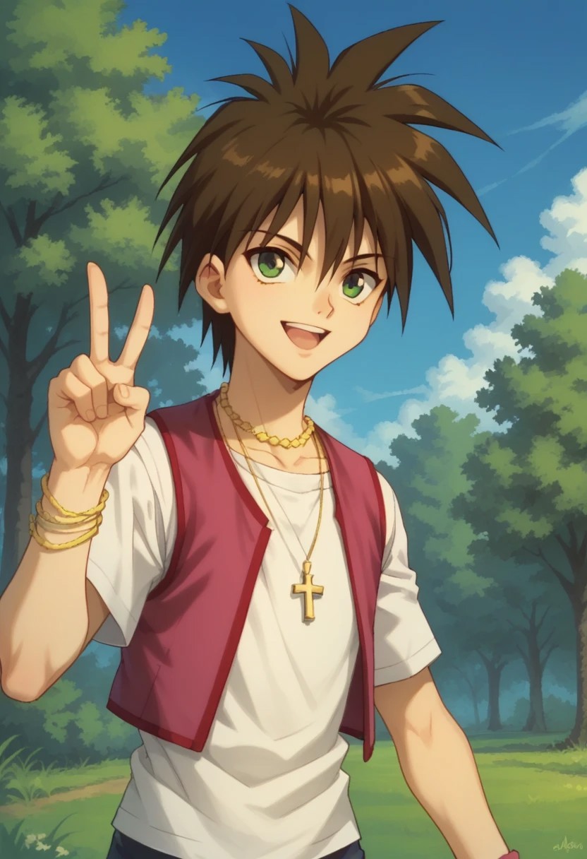 score_9, score_8_up, score_7_up, source_anime, highly detailed, 
kaoru, solo, 1boy, male focus, jewelry, necklace, vest, brown hair, spiked hair, green eyes,
open mouth, cross, smile, shirt, v sign,
outdoor, sky, cloud, trees