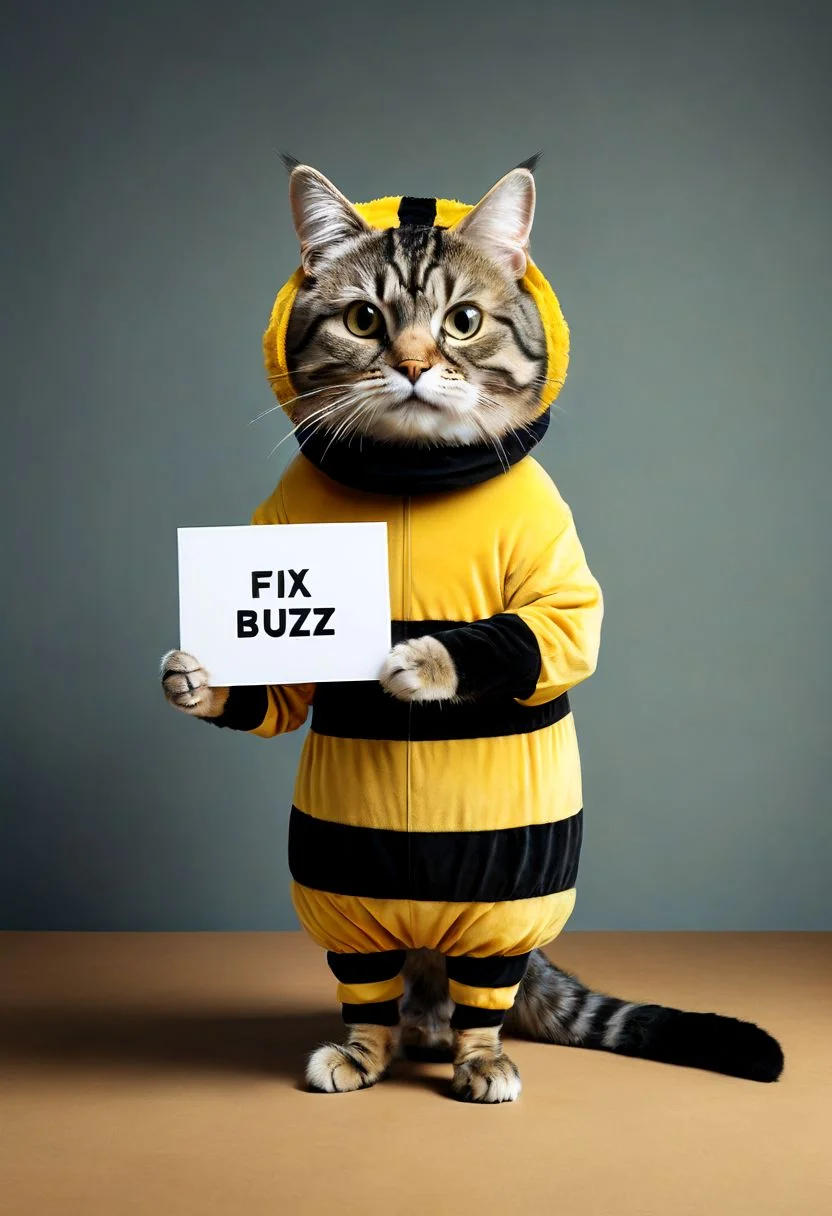 Realistic photograph of a cat in comically ill fitting bee-costume-, (holding sign with text:"fix buzz":1.4 ), in the style of, meticulous details, ultimate photo-realistic, still life, (holding sign that reads "fix buzz plz" ),  david teniers the younger, charming character illustrations, use of screen tones, 32k, subsurface scattering, Photo realism, Hyper-realistic, analog style, realistic, film photography, soft lighting, heavy shadow