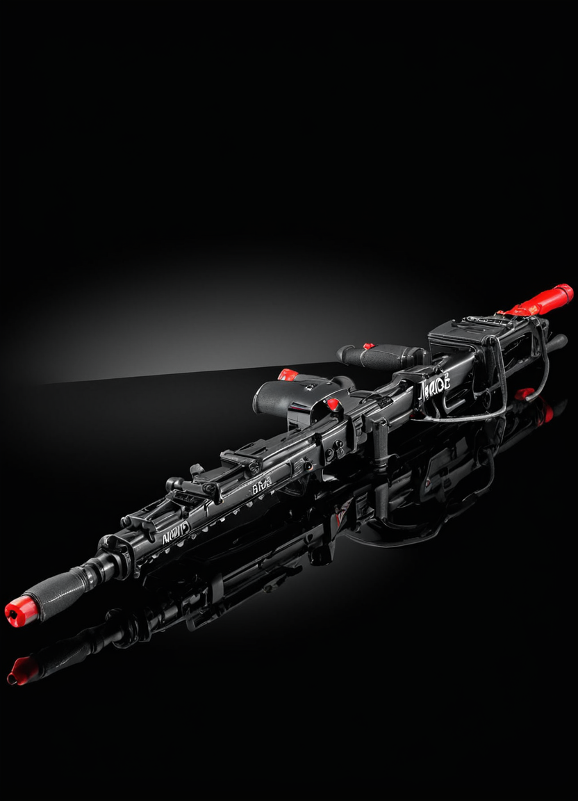 product advertisment photo of a m56smrt weapon, text "More Power!" in bold red letters, displayed on a glass surface, refelctions, glossy, dark background,
 <lora:M56_Smartgun_-_Aliens_SDXL:1>