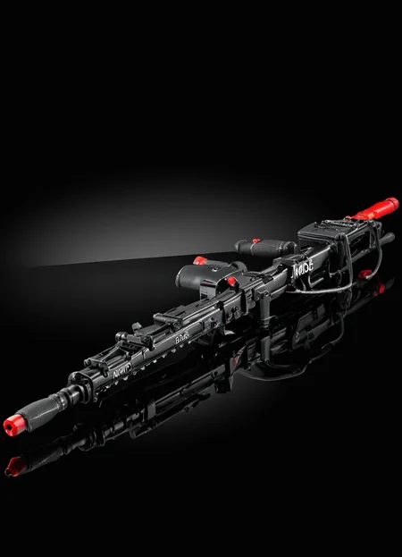 product advertisment photo of a m56smrt weapon, text "More Power!" in bold red letters, displayed on a glass surface, refelctions, glossy, dark background,
 <lora:M56_Smartgun_-_Aliens_SDXL:1>