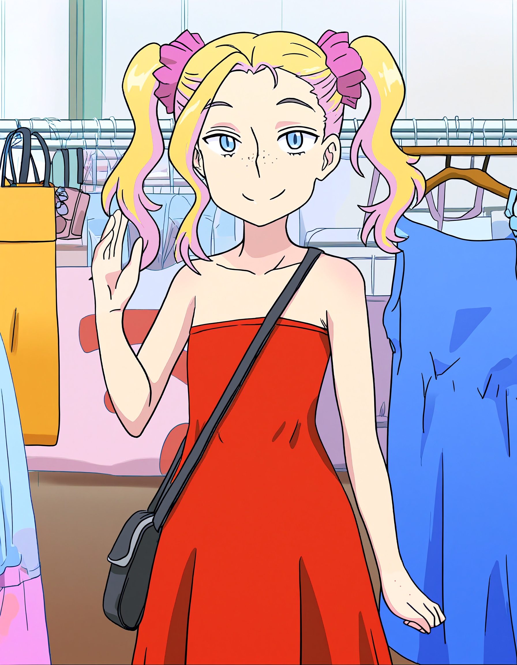 high quality, newest, hires, oshiete! galko-chan,  tsunno, 1girl, solo, freckles, (tanlines:0.6),blue eyes, looking at viewer, smile, blonde hair, dress, bare shoulders, twintails, standing,  indoors, bag,strapless, red dress, strapless dress, handbag, shoulder bag, shopping, hand up,