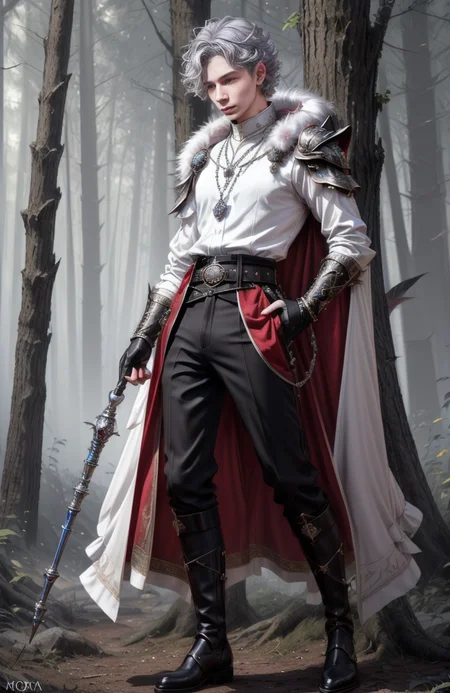 8k, wolf prince, ((masterpiece)).((best quality:1.2)), sharp focus, full body, head to toe, 1 young man, 22 years old, youthful appearance, male focus, dynamic pose, silver colored hair, curly hair, EYESHD, small testicle bulge, Nora outfit fur accents, Nora outfit bead necklaces, Nora outfit pants, Nora outfit hip quiver, Nora outfit leg guards, Nora outfit arm braces, Nora outfit belt with pouches, and Nora outfit fur boots, defined body, thin waist, looking at camera, armor, he has a pet wolf, detailed background a wooded clearing, a pet wolf standing nest to him,(absurdres) , <lora:more_details:0.5>, <lora:wrenchftmfshn>,<lora:add-detailxl:0.8>, <lora:Eyes_High_Definition-000007>, , <lora:lightup_brightness_v200:1>, <lora:Nora:1>