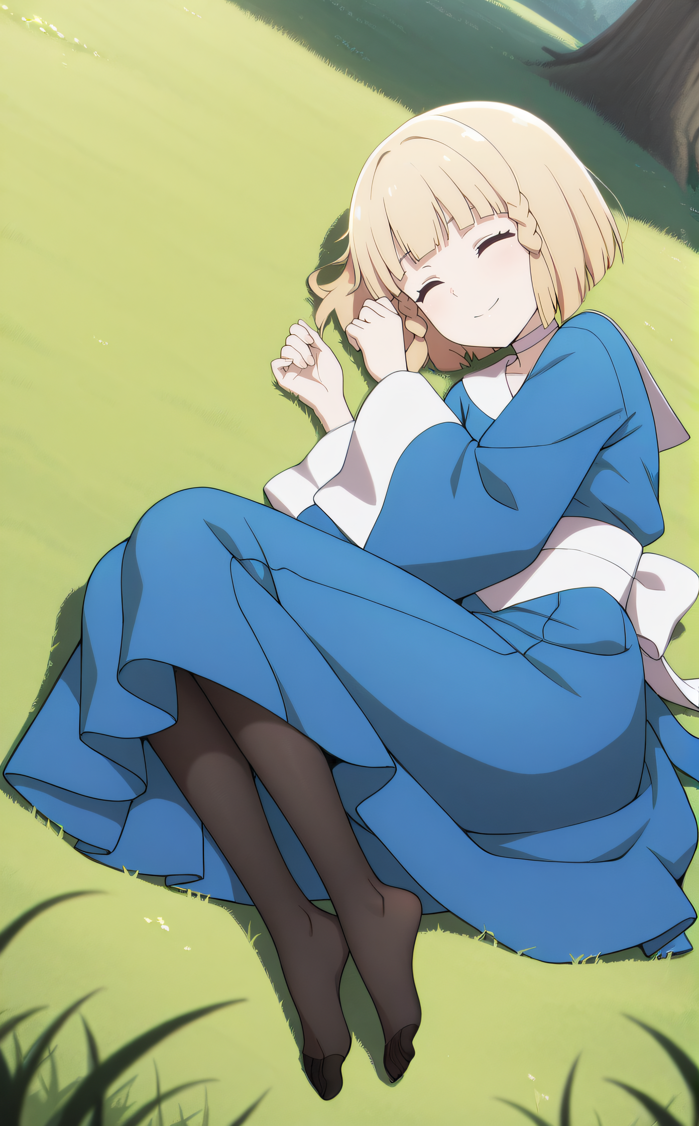 masterpiece, best quality, highres, newest, scenary, 1girl, solo, official style, <lora:IL_Alize:1>, alize, white choker, blue dress, wide sleeves, black pantyhose, looking at viewer, smile, five fingers, closed eyes, lying on grass, full body, outdoor, dutch angle, feet