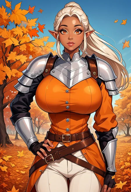 score_9, score_8_up, score_7_up, score_6_up, score_5_up, score_4_up, ANIMEShader, beautiful elven woman, (dark skin:1.3), long white hair in a ponytail, small cute button nose, soft round chin, detailed orange eyes, bright orange eyes, high definition eyes, detailed eyes, elf ears, huge breasts, orange dress, long sleeves, armor, shoulder pads, breastplate, belt, fingerless gloves, white pants, brown boots, autumn, blue sky,
