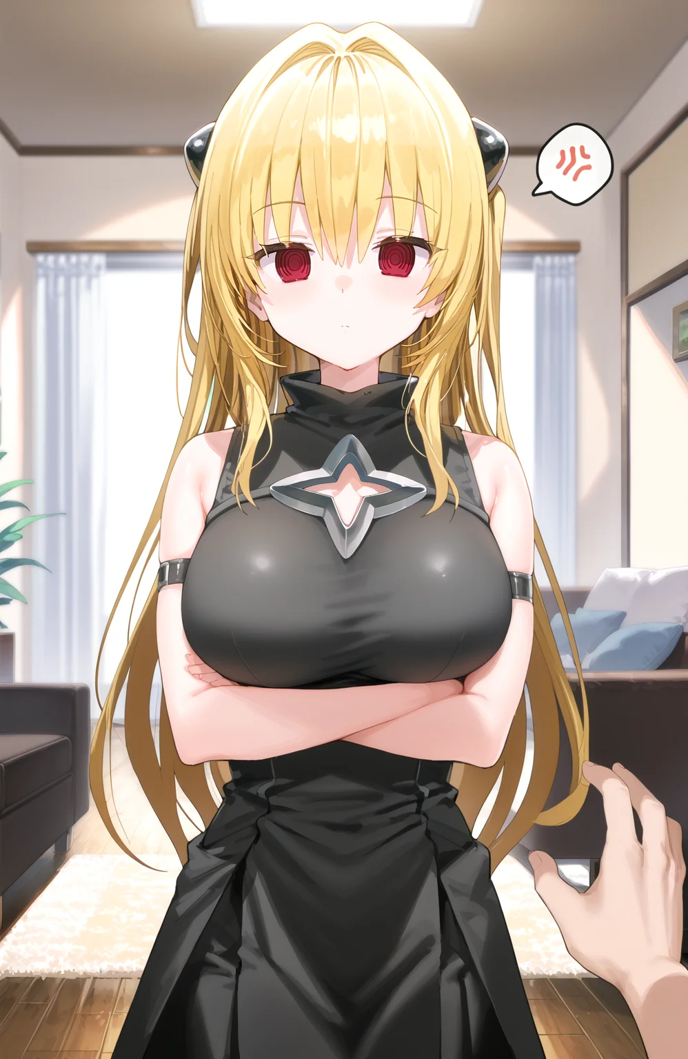 (score_9_up, score_8_up, score_7_up, ASCII score_9), perfect anatomy, aesthetic, detailed background, depth of field, 1girl, <lora:kanzarin+PDXL1-000010:1> kanzarin+, <lora:golden-darkness-ponyxl-lora-nochekaiser:1> yami, yellow hair, long hair, red eyes, hair ornament, two side up, sleeveless, detached sleeves, dress, black dress, black skirt, clothing cutout, cleavage cutout, (huge breasts:1.2), blank eyes, expressionless, crossed arms, standing, indoors, house, living room, spoken anger vein, looking at viewer, pov hands