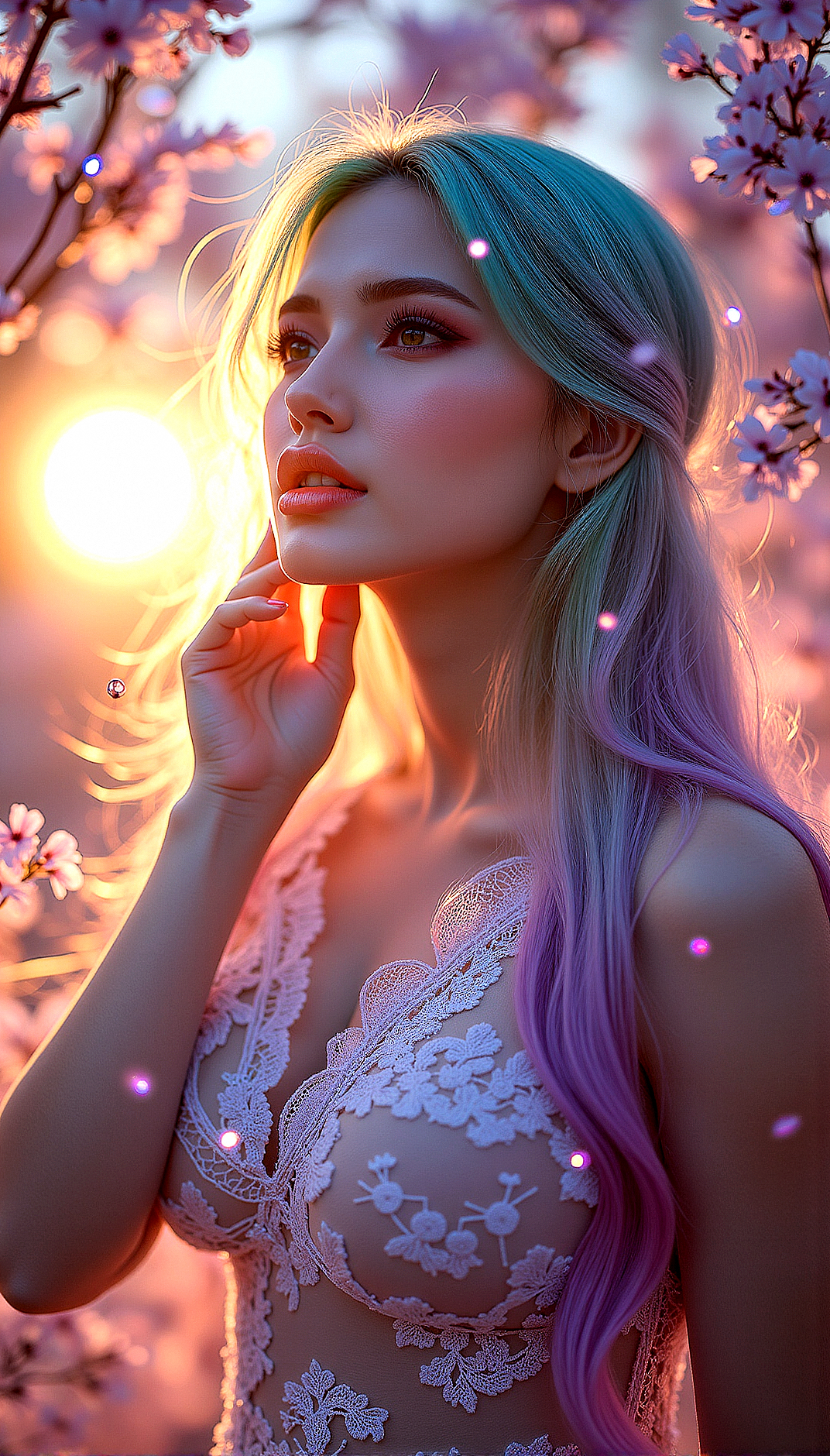 Extreme realism in a complex, highly detailed composition featuring a beautiful voluptuous woman with flowing rainbow-colored hair. The glowing background, with its vibrant colors, exaggerated details, intricate textures, and dynamic lighting, creates a whimsical, dreamy atmosphere in photorealistic quality.

Small, glowing particles floating in the air, adding a magical and ethereal quality to the scene.Clouds with an iridescent sheen, reflecting multiple colors and adding a whimsical touch to the sky.Tree branches that emit a soft light, adding a mystical and natural element to the background.


One hand is gently playing with her hair, her eyes looking softly into the distance.


