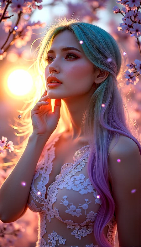Extreme realism in a complex, highly detailed composition featuring a beautiful voluptuous woman with flowing rainbow-colored hair. The glowing background, with its vibrant colors, exaggerated details, intricate textures, and dynamic lighting, creates a whimsical, dreamy atmosphere in photorealistic quality.
Small, glowing particles floating in the air, adding a magical and ethereal quality to the scene.Clouds with an iridescent sheen, reflecting multiple colors and adding a whimsical touch to the sky.Tree branches that emit a soft light, adding a mystical and natural element to the background.
One hand is gently playing with her hair, her eyes looking softly into the distance.