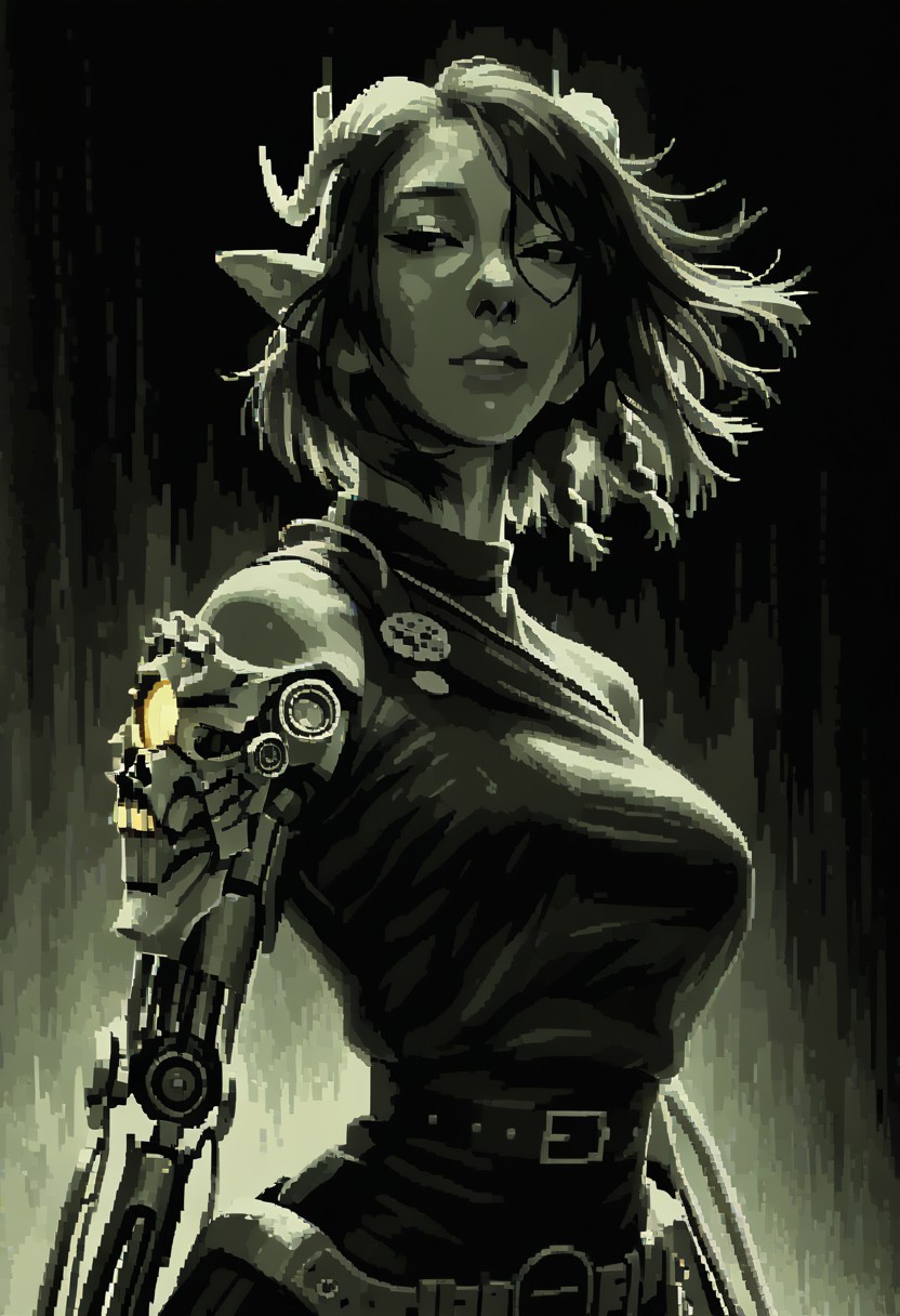 score_9, score_8_up, score_8, female, cel-shading, backlit, delicate features, short hair, (braided hair), black hair, upper body, from waist up, big breasts, horns,  techwear, cyborg, pointy elf ears, rainbow hair, short hair, black background, techwear, LFB, street in background, pixel, green theme, monochrome,