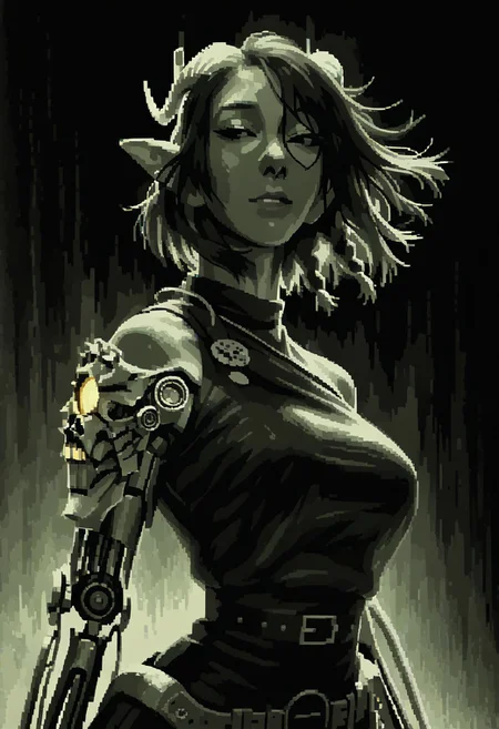 score_9, score_8_up, score_8, female, cel-shading, backlit, delicate features, short hair, (braided hair), black hair, upper body, from waist up, big breasts, horns,  techwear, cyborg, pointy elf ears, rainbow hair, short hair, black background, techwear, LFB, street in background, pixel, green theme, monochrome,
