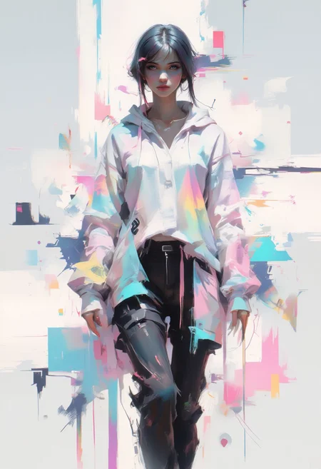 aidmaimageupgrader, female character in the center, abstract geometric patterns, soft gradients, glitchcore aesthetic, white space, ethereal glow, subtle digital distortion, muted neon accents, fragmented visuals, delicate cyberpunk fashion, glowing holograms, faded digital artifacts, minimalist futuristic setting, serene atmosphere, quiet elegance, dreamlike ambiance, broken symmetry, soft focus, worn textures, degraded glitch effects,pscho_4rt