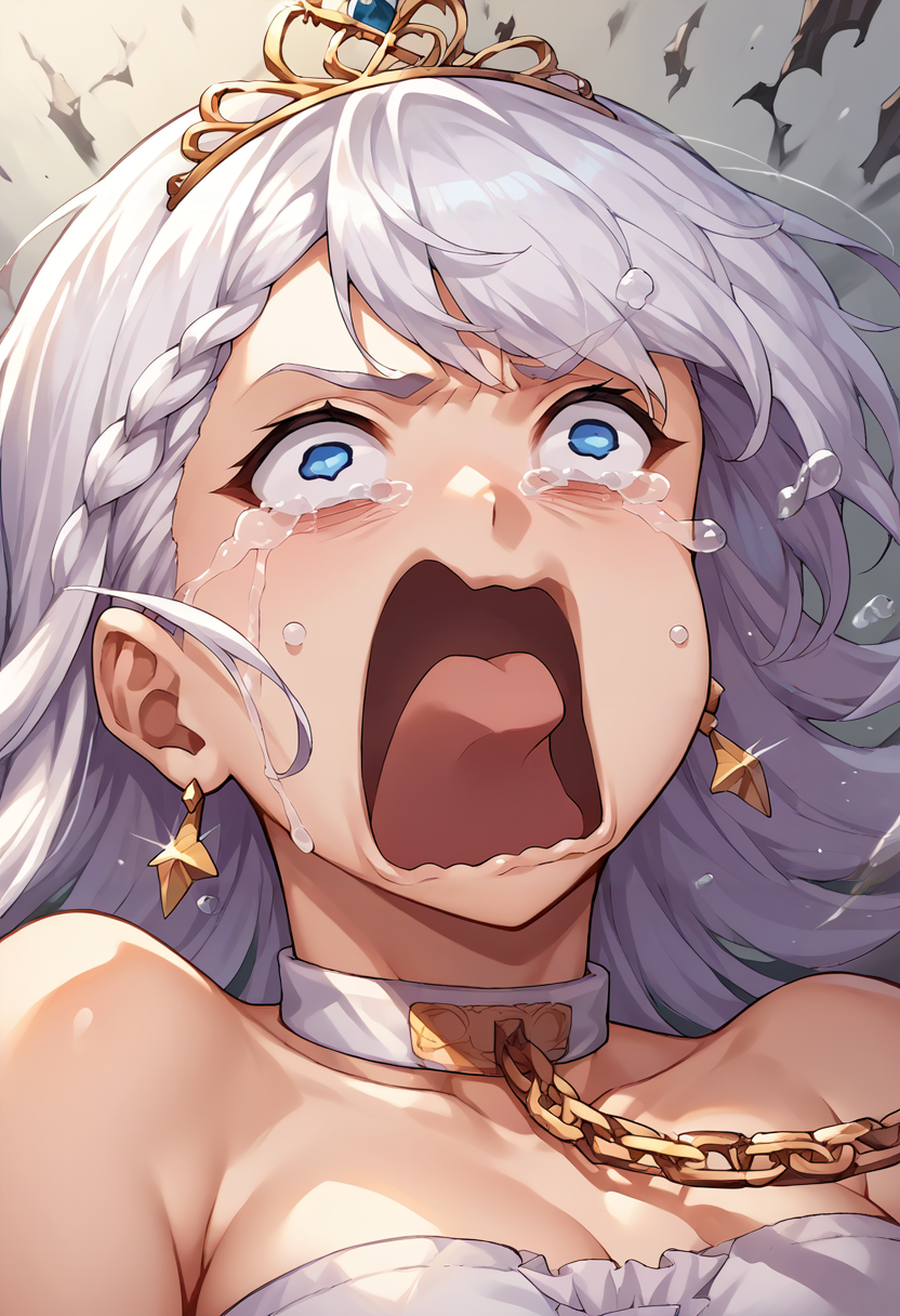 score_9, score_8_up, score_7_up, source_anime, <lora:wrenchbelfastthepledgeofcladdagh:0.9>, belpoc, white hair, choker, tiara, broken chain, jewelry, earrings, solo,,  <lora:concept_aquascreaming_ponyXL:1> aquascreaming, screaming, open mouth, crying with eyes open